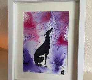 A framed illustration of a greyhound